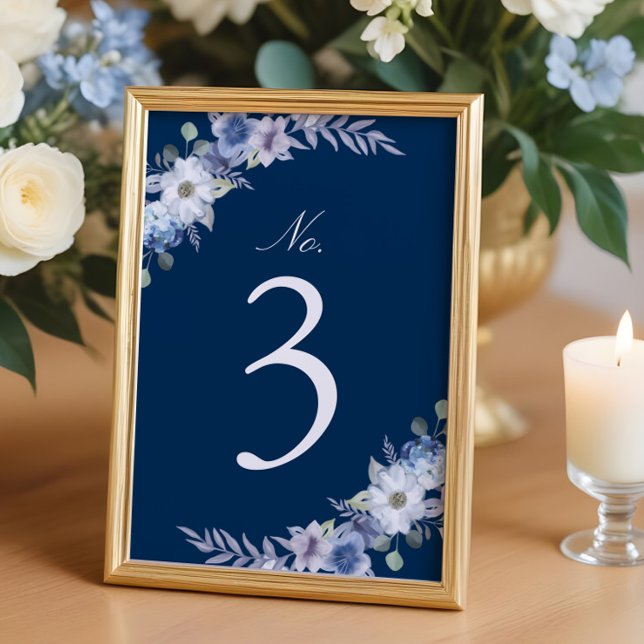 Elegant French Blue Lavender Floral Navy Wedding Table Number (French Blue & Lavender Watercolor Floral Navy Blue Table Number)