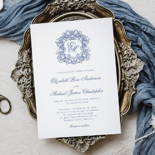 Elegant French Blue Monogram Crest Wedding Invitation