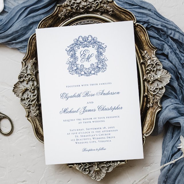 Elegant French Blue Monogram Crest Wedding Invitation (Creator Uploaded)