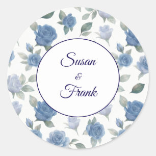 Elegant French Blue Rose Watercolor Wedding Classic Round Sticker