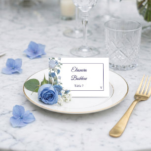Elegant French Blue Rose Watercolor Wedding Flat Place Card