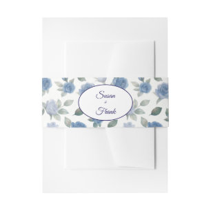 Elegant French Blue Rose Watercolor Wedding Invitation Belly Band