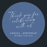 Elegant French Blue Trendy Script Custom Thank You Classic Round Sticker<br><div class="desc">Elegant French Blue Trendy Script Custom Thank You Classic Round Sticker</div>