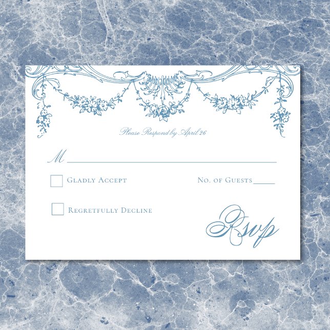 Elegant French Blue Victorian Chinoiserie Wedding RSVP Card (Elegant French Blue Victorian Chinoiserie Wedding RSVP Card)