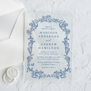 Elegant French Blue Victorian Floral Frame Wedding Acrylic Invitations