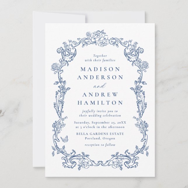 Elegant French Blue Victorian Floral Frame Wedding Invitation (Front)