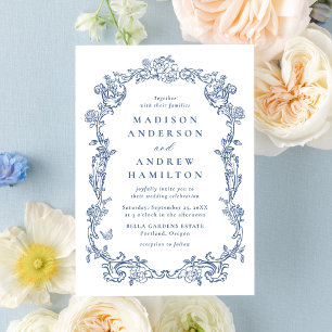 Elegant French Blue Victorian Floral Frame Wedding Invitation