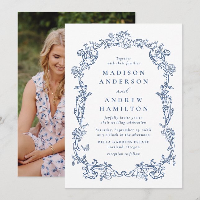 Elegant French Blue Victorian Floral Photo Wedding Invitation (Front/Back)