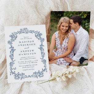 Elegant French Blue Victorian Floral Photo Wedding Invitation