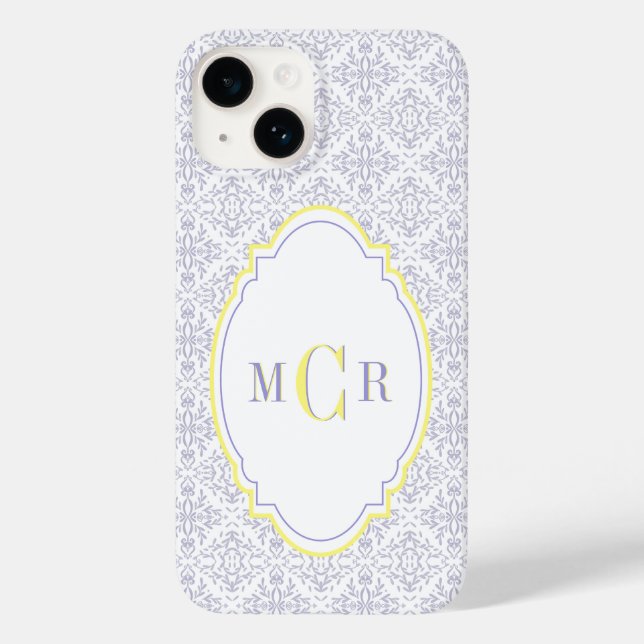 Elegant French Blue Yellow Damask Pattern Monogram Case-Mate iPhone Case (Back)