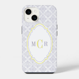 Elegant French Blue Yellow Damask Pattern Monogram iPhone 14 Case
