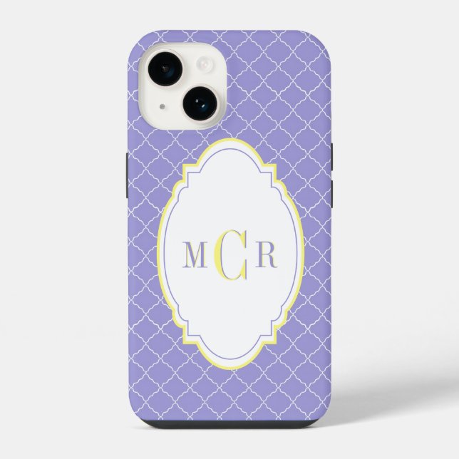 Elegant French Blue Yellow Damask Pattern Monogram iPhone Case (Back)