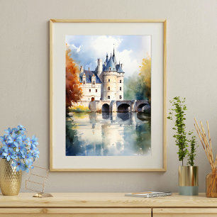 Elegant French Castle Watercolor Poster