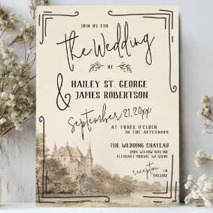 Elegant French Chateau Hand Drawn Beige Wedding Invitation