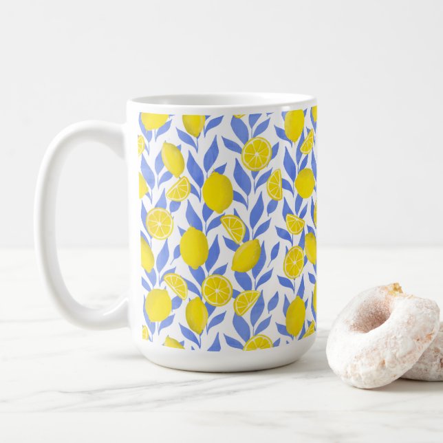 Elegant French Country Lemon Blue Botanical Coffee Mug (With Donut)