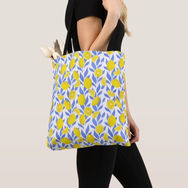 Elegant French Country Lemon Blue Botanical Tote Bag (Close Up)