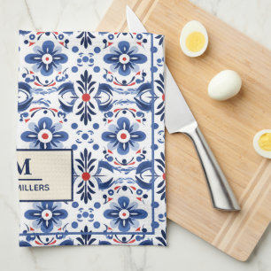 Elegant French Country with Blue Flowers Monogram Tea Towel