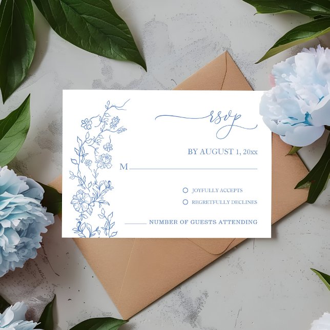 Elegant French Dusty Blue Vintage Wedding RSVP Card (Vintage French Toile Blue Floral  Inspired wedding RSVP)