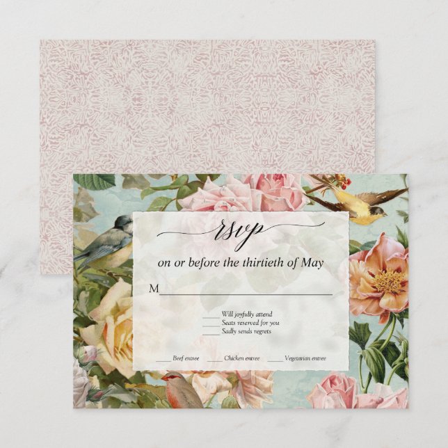 Elegant French Floral Blush Aqua Roses Birds RSVP (Front/Back)