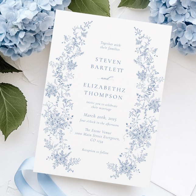 Elegant French Floral Dusty Blue Wedding Invitation (Creator Uploaded)