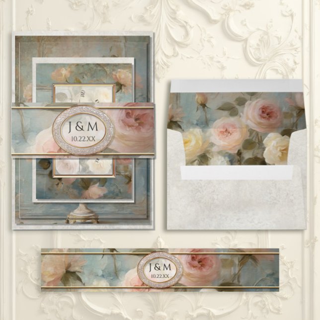 Elegant French Floral Pink Blue Wedding Invitation Envelope (Creator Uploaded)