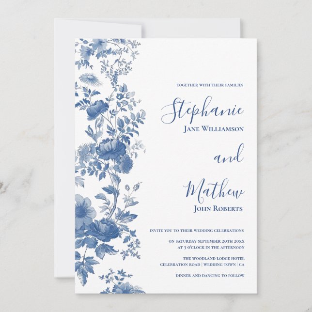 Elegant  French Floral Toile Blue Wedding Invitation (Front)