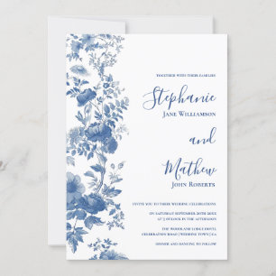Elegant  French Floral Toile Blue Wedding Invitation