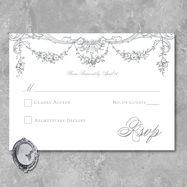 Elegant French Grey Victorian Chinoiserie Wedding RSVP Card (Elegant French Gray Victorian Chinoiserie Wedding RSVP Card)
