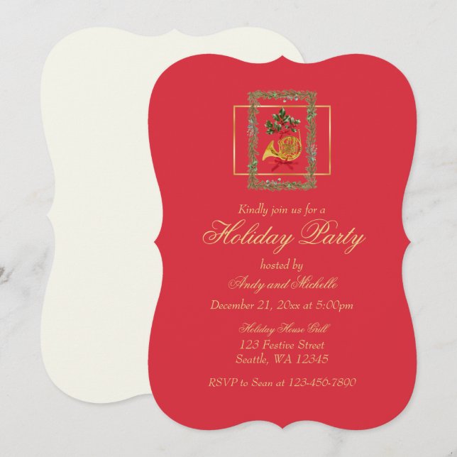 Elegant French Horn Christmas Cherry Red Flat Card (Front/Back)