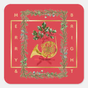Elegant French Horn Christmas Cherry Red Square Sticker
