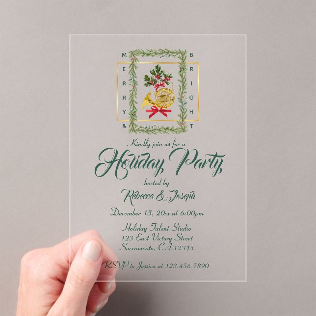 Elegant French Horn Christmas Dark Green Acrylic Invitations (Insitu (Handheld))