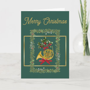 Elegant French Horn Christmas Dark Green Holiday Card