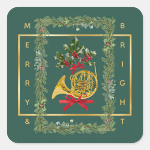 Elegant French Horn Christmas Dark Green Square Sticker