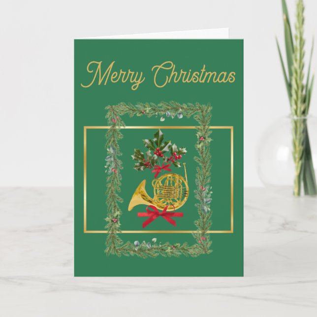 Elegant French Horn Christmas Green Holiday Card (Front)