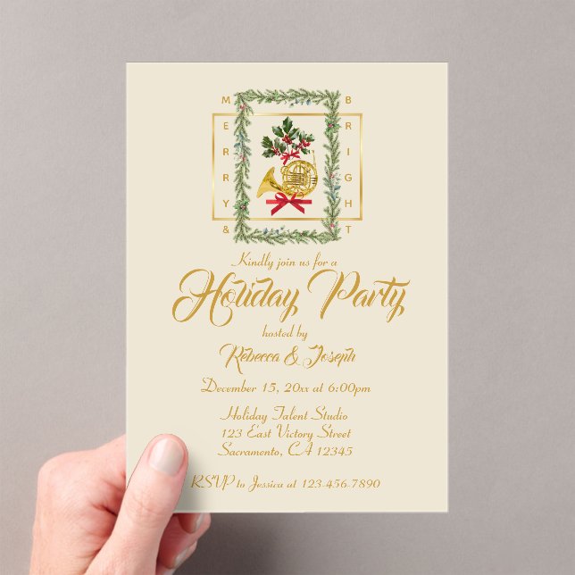 Elegant French Horn Christmas Irish Cream Acrylic Invitations (Insitu (Handheld))