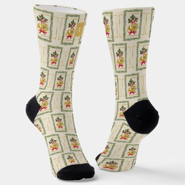 Elegant French Horn Christmas Irish Cream Monogram Socks (Angled)