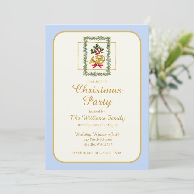 Elegant French Horn Christmas Light Blue Invitation (Standing Front)
