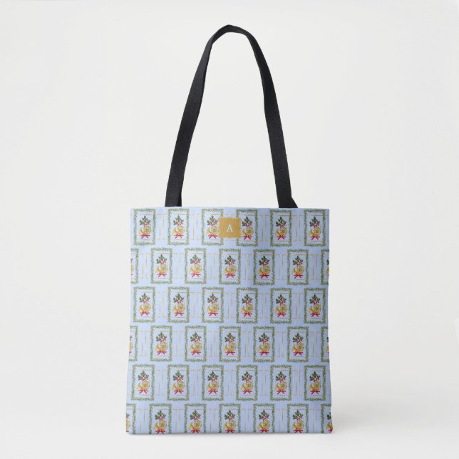 Elegant French Horn Christmas Light Blue Monogram Tote Bag (Front)