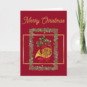Elegant French Horn Christmas Maroon5 Holiday Card