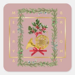 Elegant French Horn Christmas Mauve Square Sticker
