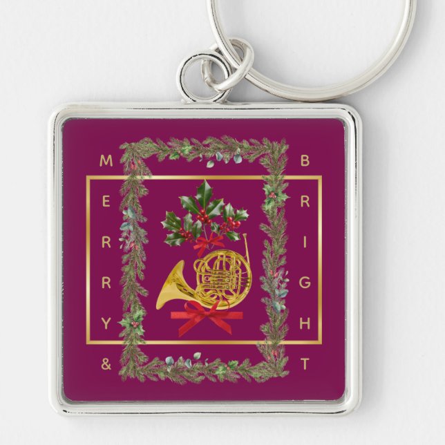 Elegant French Horn Christmas Purple Key Ring (Front)