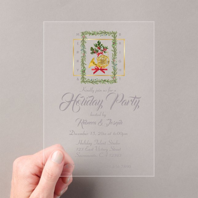 Elegant French Horn Christmas Taupe Acrylic Invitations (Insitu (Handheld))