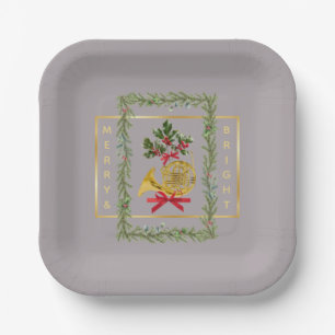 Elegant French Horn Christmas Taupe Paper Plate