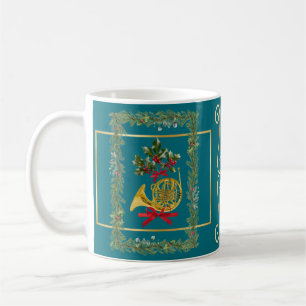 Elegant French Horn Christmas Teal Coffee Mug