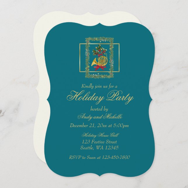 Elegant French Horn Christmas Teal Flat Card (Front/Back)