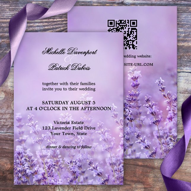 Elegant French Lavender Wedding Invitation (Wedding invitation featuring a painting of lilac purple lavender flowers - French wedding)