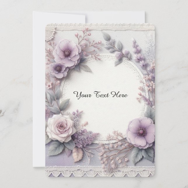 Elegant French Lilac Pastel Floral and Lace Invitation (Front)