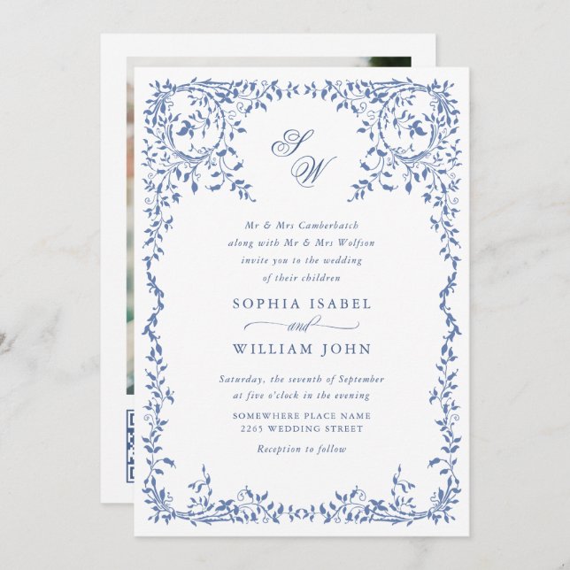 Elegant French Ornate Floral Frame Wedding QR code Invitation (Front/Back)
