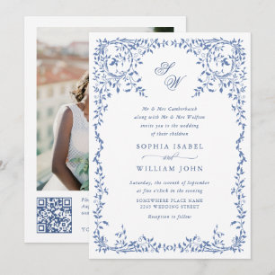 Elegant French Ornate Floral Frame Wedding QR code Invitation