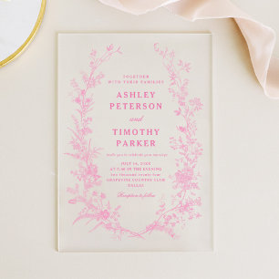 Elegant French Pink Toile Floral Wedding Acrylic Invitations